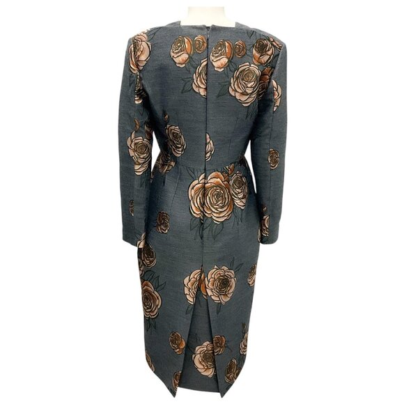 Aquilano Rimondi Charcoal Grey / Brown Rose Jacquard Cocktail Dress - Picture 3 of 5